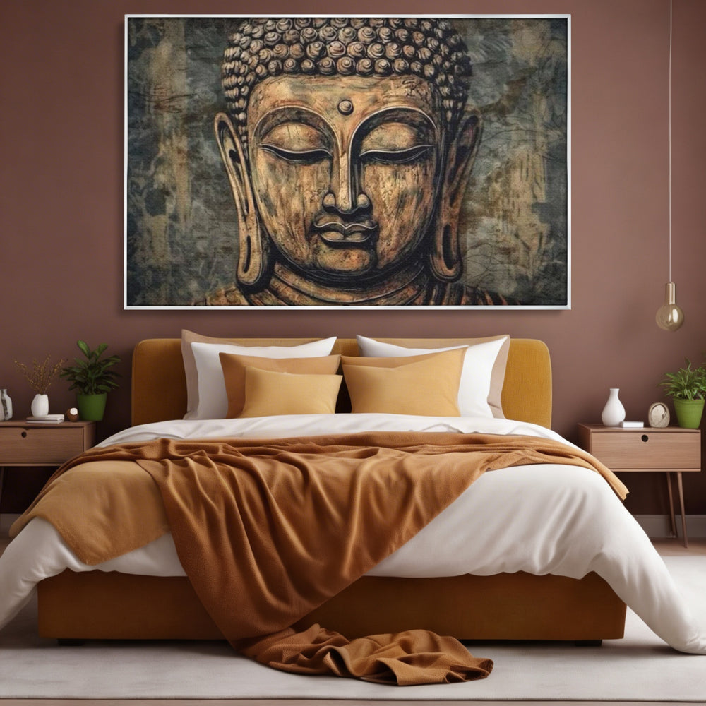Tablou canvas cu tablou canvas cu capul lui buddha, in rama de aluminiu argintiu, pe perete intr-un dormitor